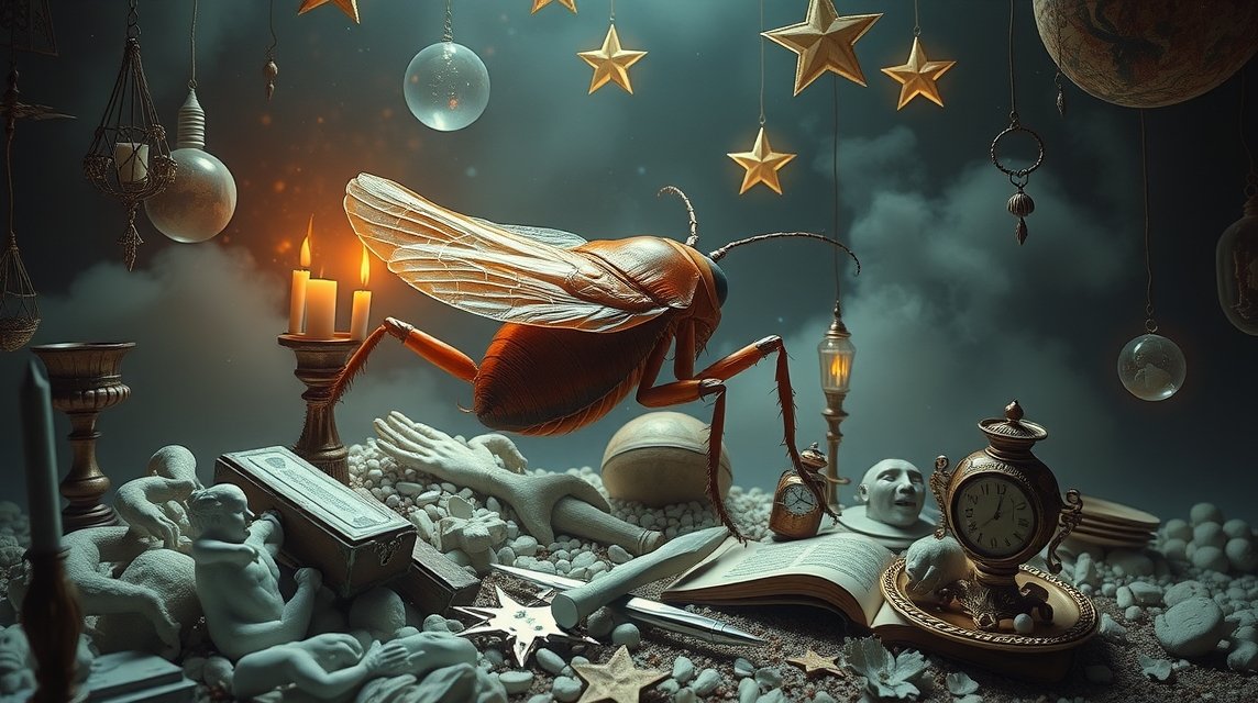 Scarafaggio simbolico tra oggetti misteriosi e candele