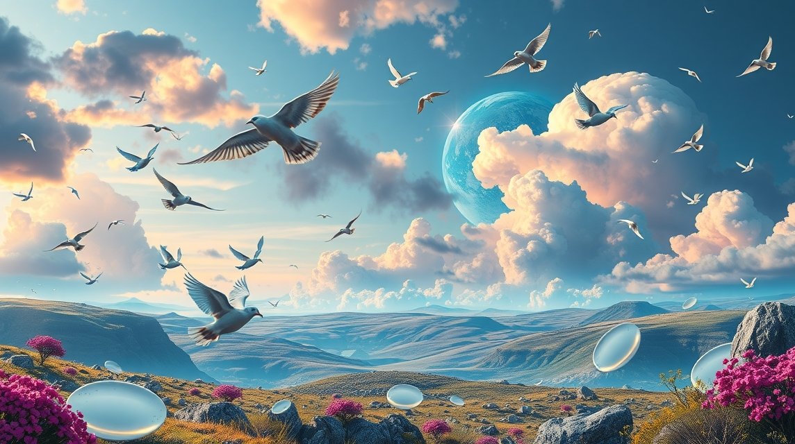 Scena onirica con uccelli che volano in un paesaggio fantastico