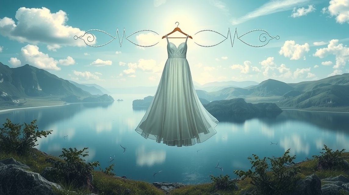 Abito bianco sospeso su un lago circondato da montagne
