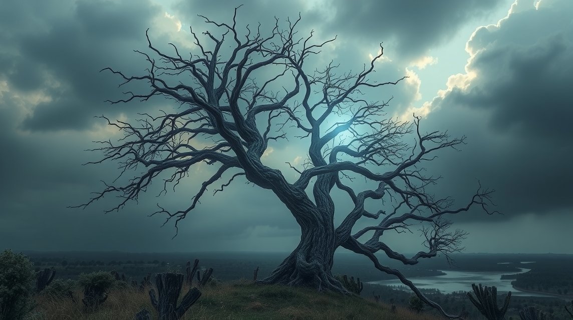 Albero spezzato dal vento simboleggia fragilità e cambiamenti