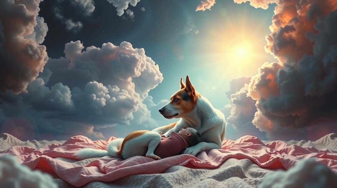 Un cane che partorisce, simbolo di rinascita e fedeltà.