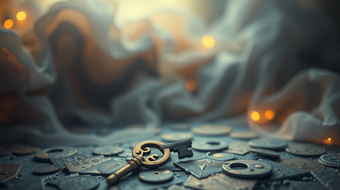 Chiave dorata su un tavolo con monete e tessuto giallo