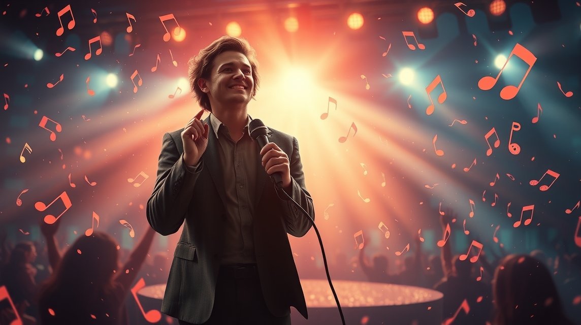 Cantante sul palco circondato da note musicali e pubblico in festa