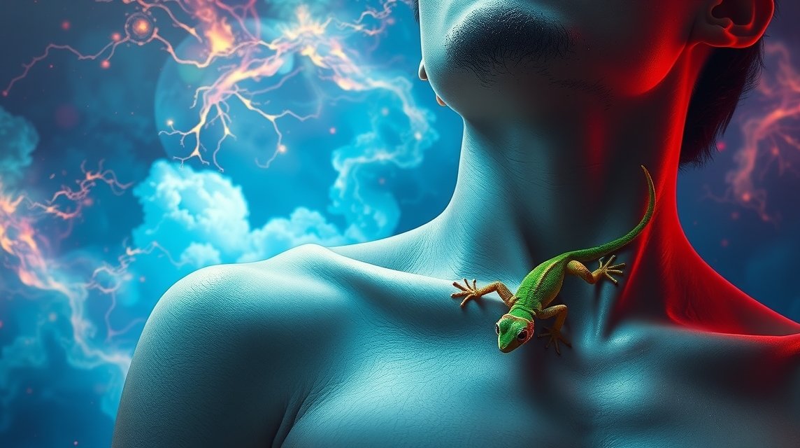 uomo con geco sul corpo in un'illustrazione simbolica