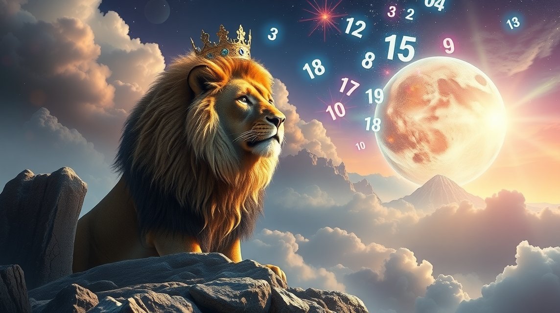 Un leone con una corona, simbolo di regalità e coraggio, circondato da numeri.