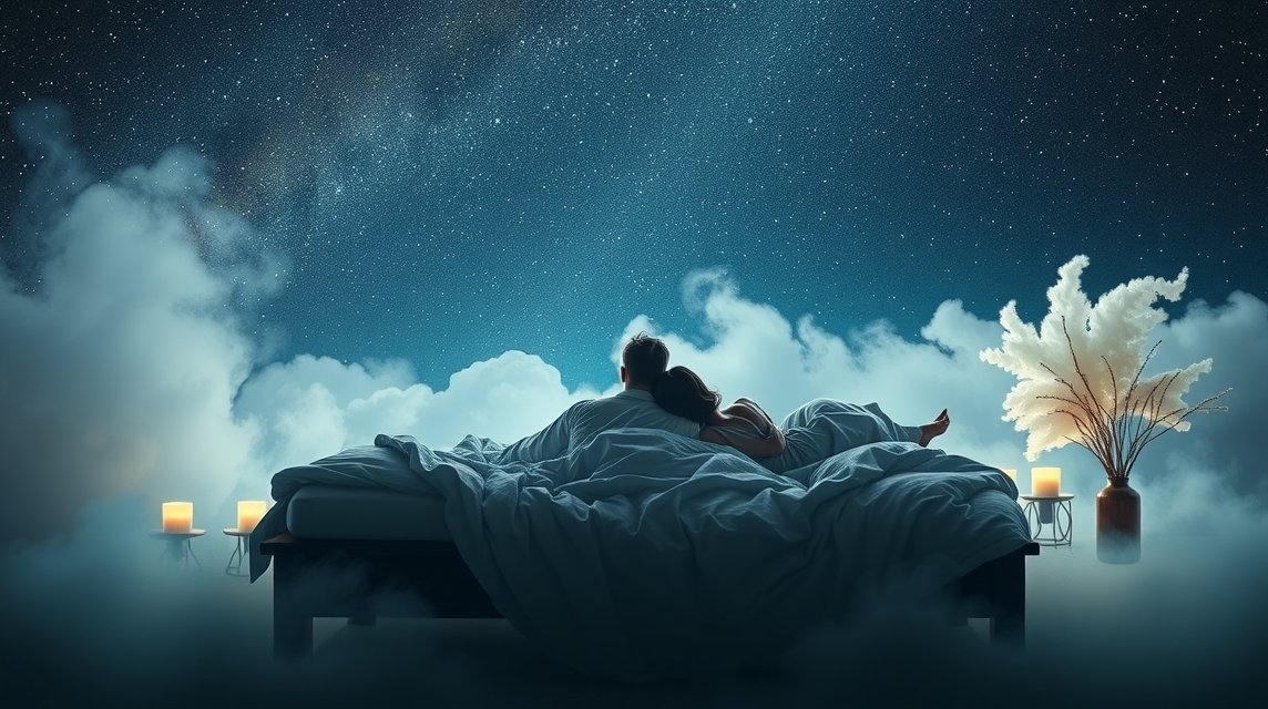 Coppia innamorata sul letto matrimoniale sotto le stelle