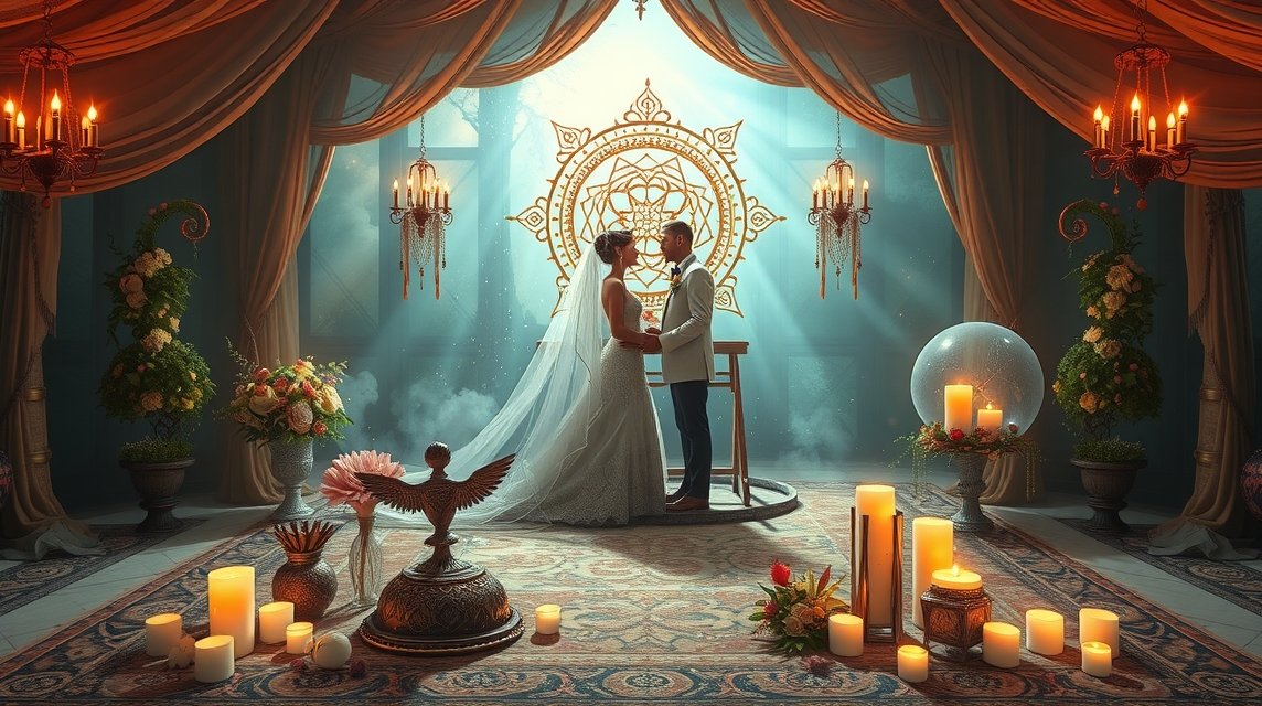 Coppia che si sposa in un ambiente romantico e decorato