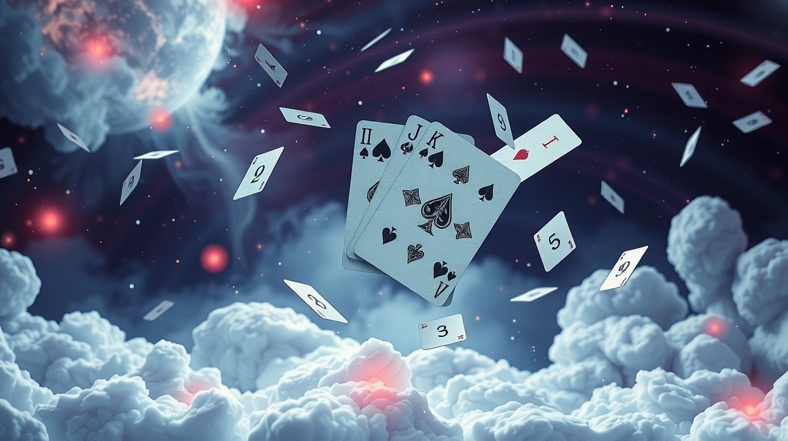 Mazzo di carte che fluttuano nel cielo tra le nuvole