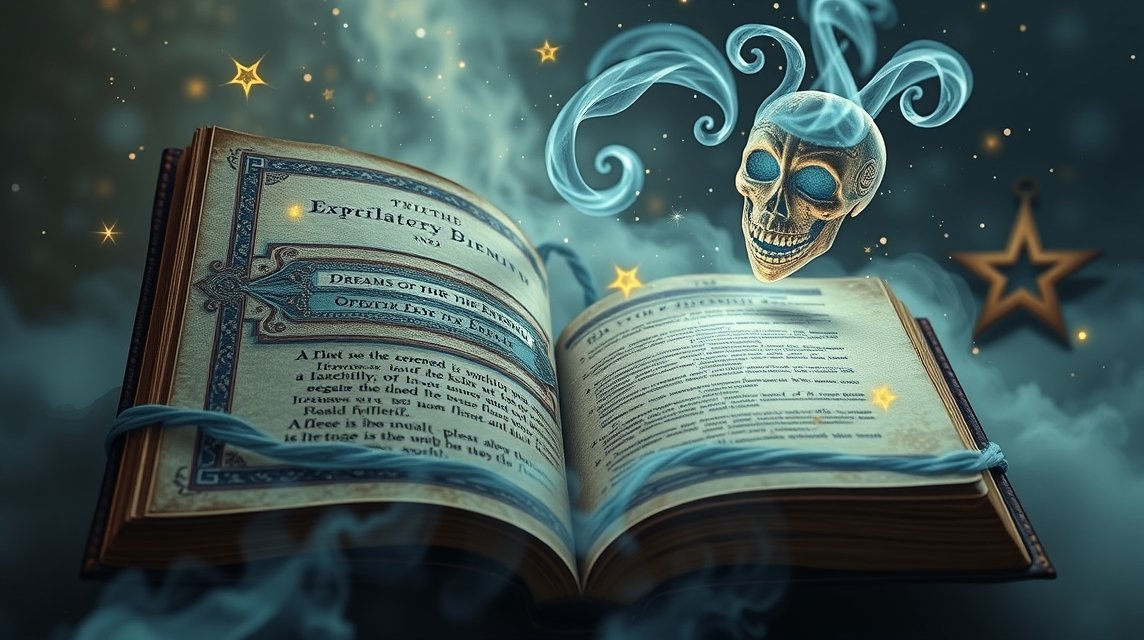 Illustrazione di un libro aperto con teschio e simboli magici.