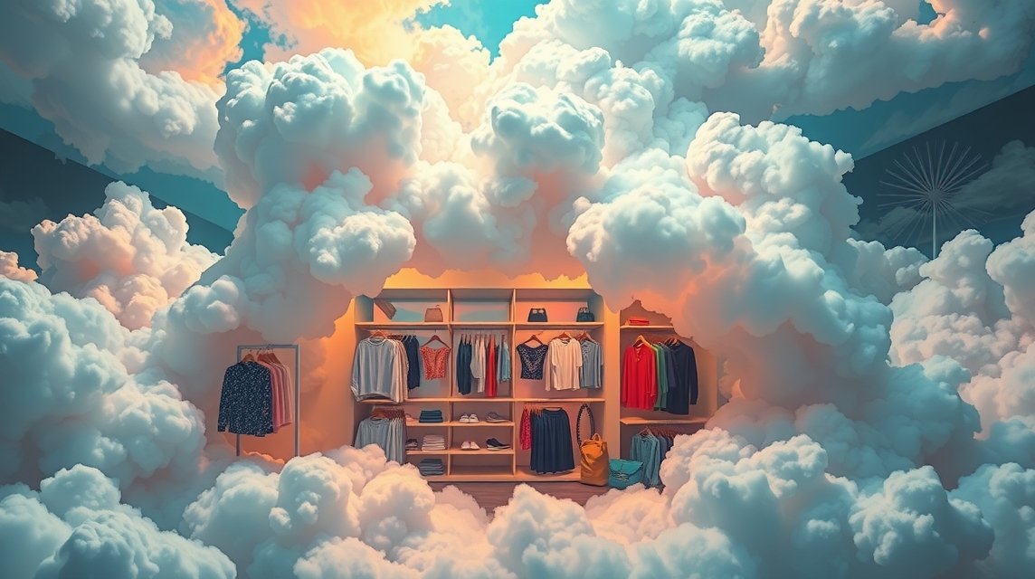 Negozio di vestiti in mezzo a nuvole colorate, simbolo di identità e stile.