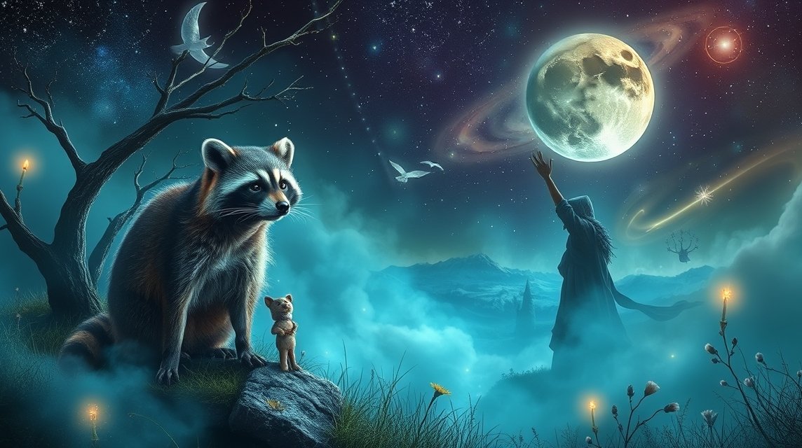 Procione e mago sotto un cielo stellato, simbolo di astuzia e segreti nei sogni.