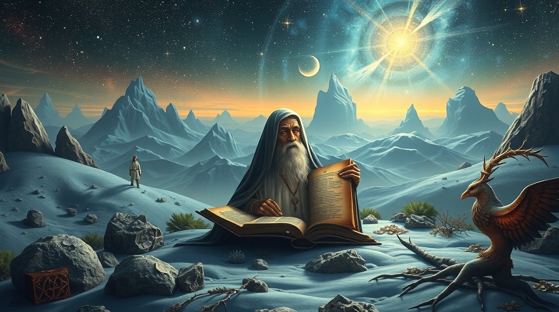 Un vate saggio legge un libro tra montagne e un uccello mitologico.