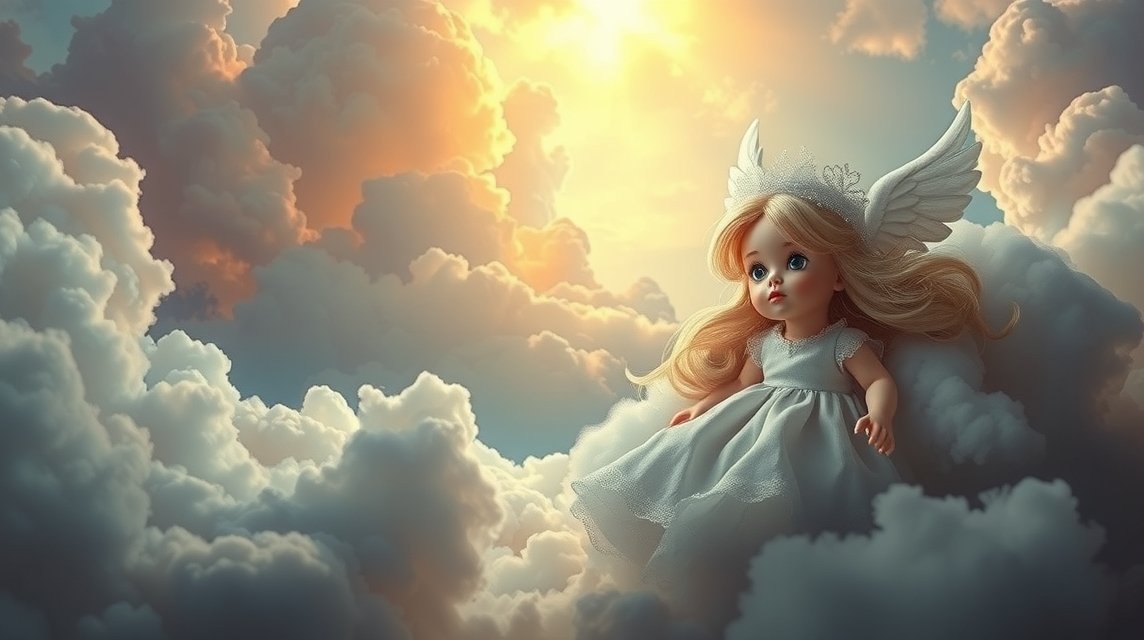 Bambola con ali di angelo tra le nuvole al tramonto