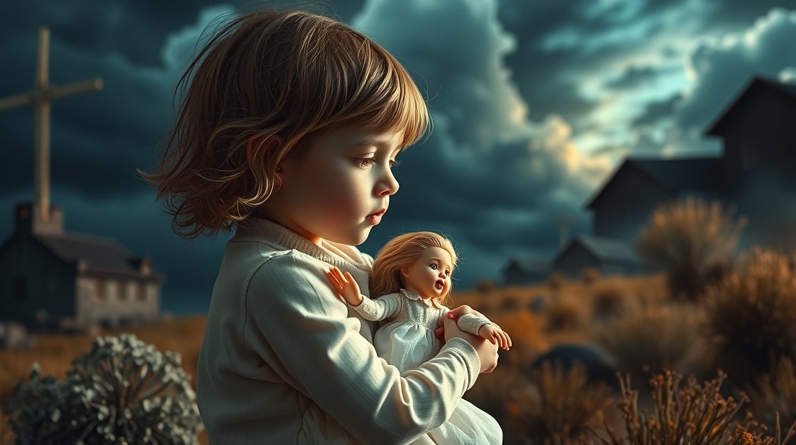 Bambina con bambola, simbolo di infanzia e nostalgia in un paesaggio evocativo.