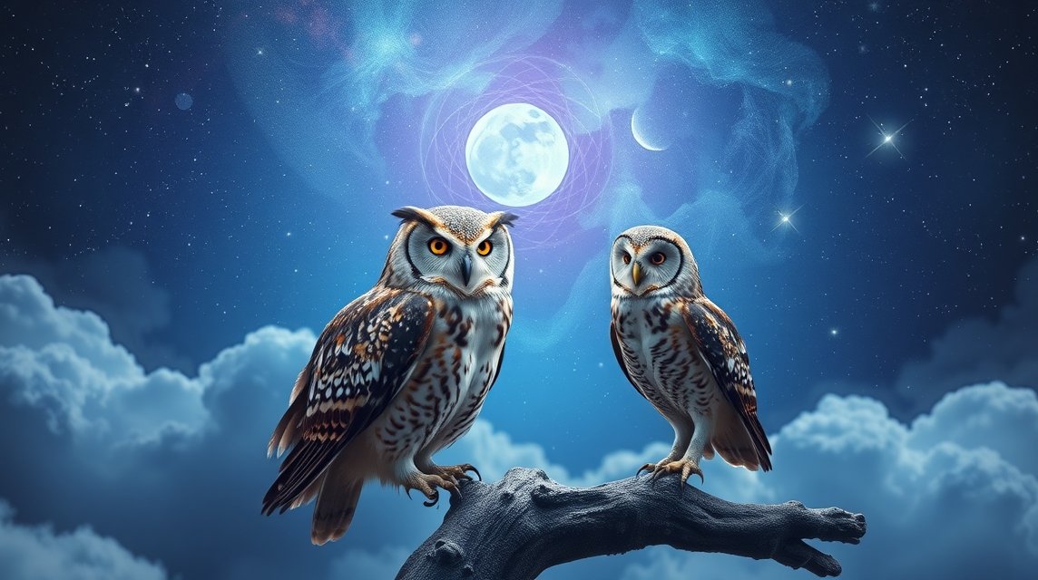 Civetta e gufo sotto la luna nel cielo notturno