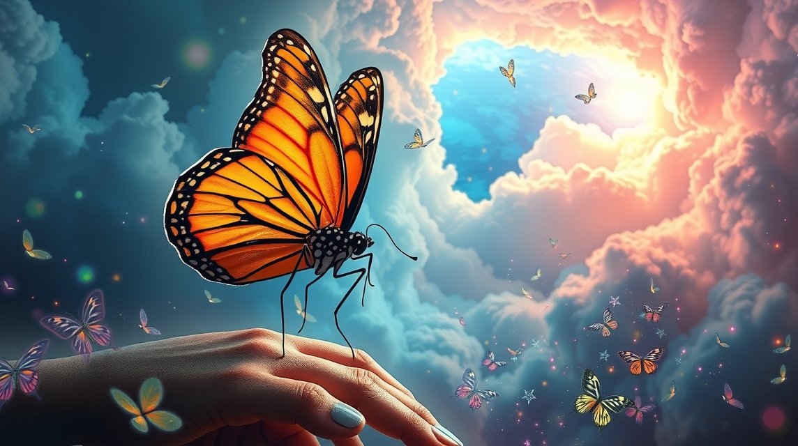 Farfalla che si posa su una mano, simbolo di trasformazione emotiva