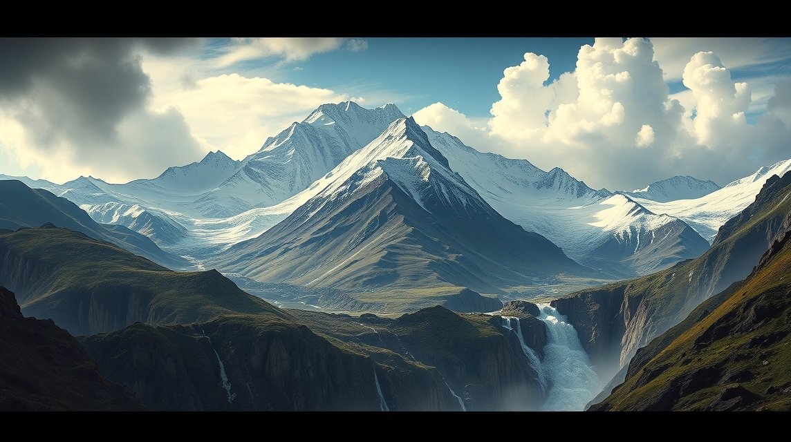 Paesaggio montano con frana e cascata in primo piano