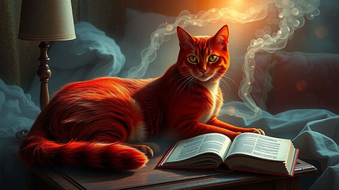 Gatta rossa elegante su un tavolo con un libro aperto