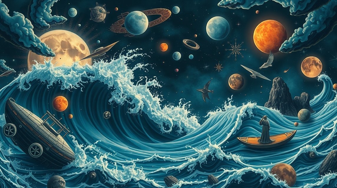 Illustrazione di un tsunami cosmico con pianeti e onde imponenti.