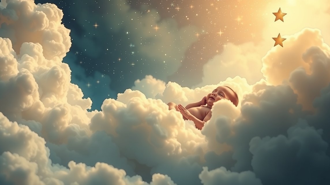 Neonato che sorride tra le nuvole in un cielo stellato