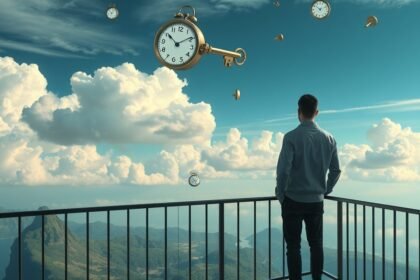 Uomo che osserva un paesaggio da un balcone con orologi fluttuanti.