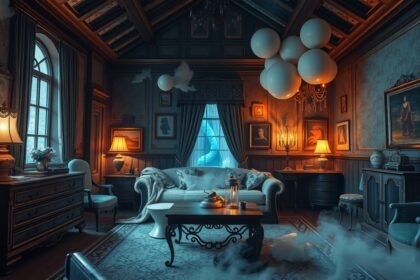 Interno affascinante di una stanza con decorazioni classiche e palloncini bianchi