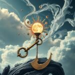 Illustrazione di una chiave dorata su uno sfondo di nuvole e pianeti.