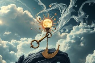 Illustrazione di una chiave dorata su uno sfondo di nuvole e pianeti.