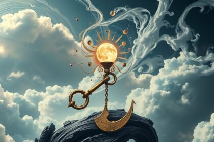 Illustrazione di una chiave dorata su uno sfondo di nuvole e pianeti.