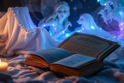 Libro aperto su messaggi onirici con candele e decorazioni