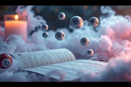 Numeri del Lotto fluttuanti sopra un libro aperto con una candela