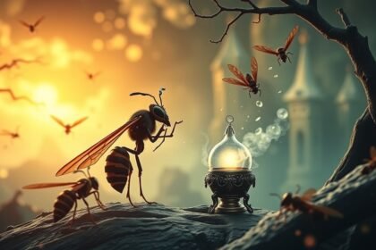 Vespe in un paesaggio onirico con una lampada magica