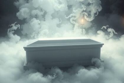 Bara bianca circondata da nebbia e candele, simbolo di trasformazione.