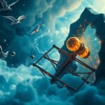 Illustrazione simbolica di un impiccato con uccelli e nuvole