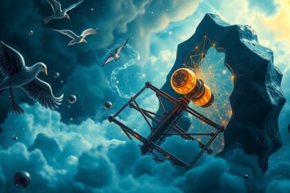 Illustrazione simbolica di un impiccato con uccelli e nuvole