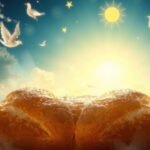 Pane appena sfornato sotto un cielo luminoso e serene colombe.