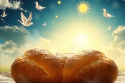 Pane appena sfornato sotto un cielo luminoso e serene colombe.