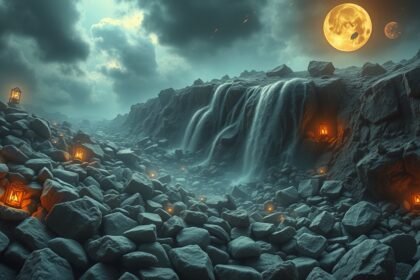 Sogno di frana di sassi con lanterne illuminate in un paesaggio oscuro