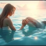 Donna che accarezza un delfino nell'acqua al tramonto