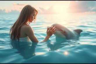 Donna che accarezza un delfino nell'acqua al tramonto