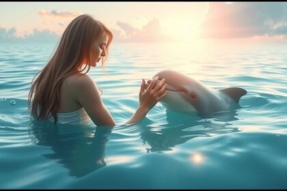 Donna che accarezza un delfino nell'acqua al tramonto