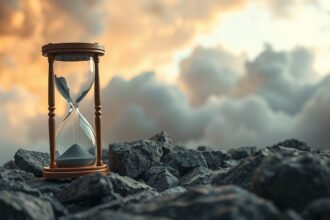 Sabbiere che scorrono in una clessidra su rocce scure