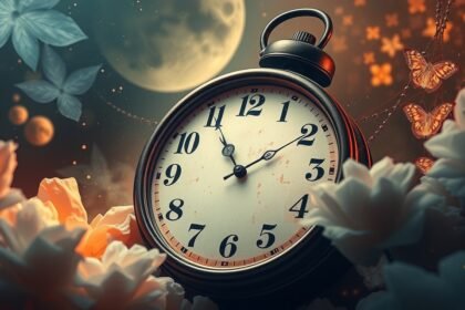 Orologio rotto tra fiori e farfalle, simbolo del tempo sospeso nei sogni.