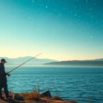 Uomo che pesca al tramonto, simbolo di pazienza e opportunità nei sogni.
