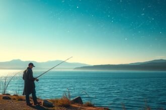 Uomo che pesca al tramonto, simbolo di pazienza e opportunità nei sogni.
