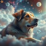 Cane di famiglia sognante tra nuvole e stelle nel sogno.