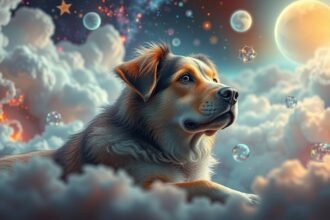 Cane di famiglia sognante tra nuvole e stelle nel sogno.