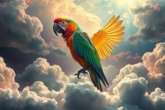 Pappagallo colorato in volo tra le nuvole