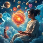 Rappresentazione onirica di una donna tra simboli celesti e numeri fortunati