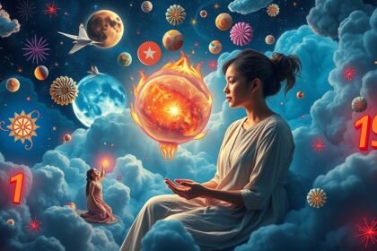 Rappresentazione onirica di una donna tra simboli celesti e numeri fortunati